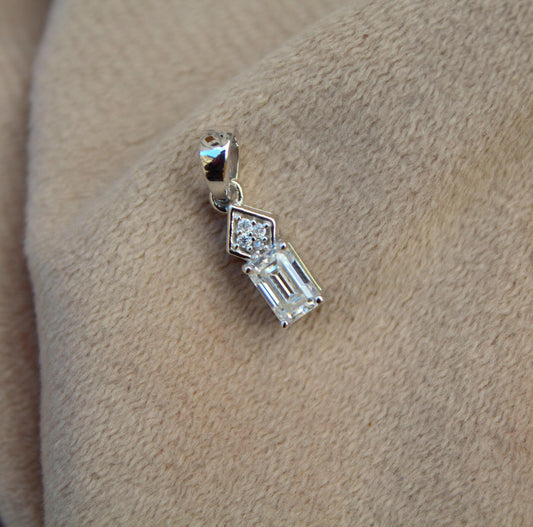 Emerald Cut Silver Charm Pendant, Colorless Moissanite Dainty Pendant, 925 Sterling Silver Jewelry, Tiny Pendant, White Moissanite Jewelry