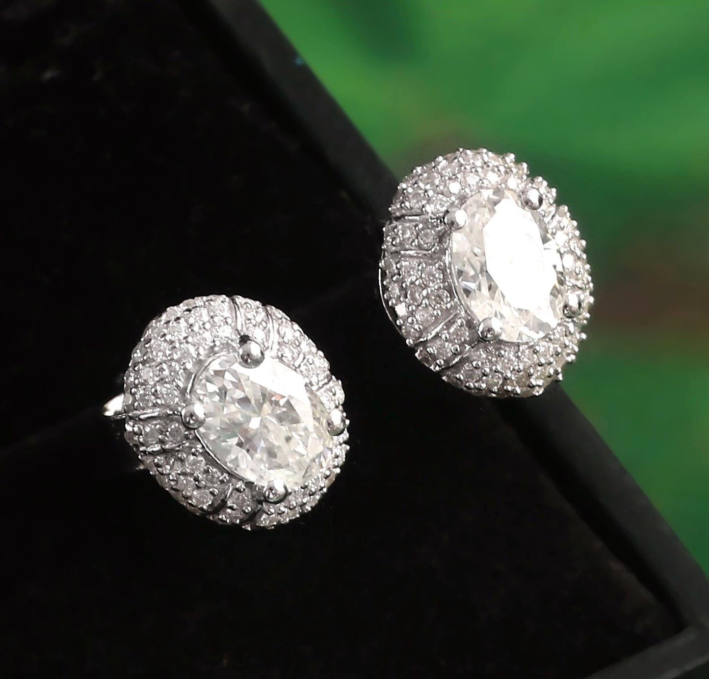 18K Gold Halo Earrings, White Gold Stud Earring, Colorless Moissanite Stud Earrings, Oval Stud Earrings, 14K Gold Wedding Earrings for Women