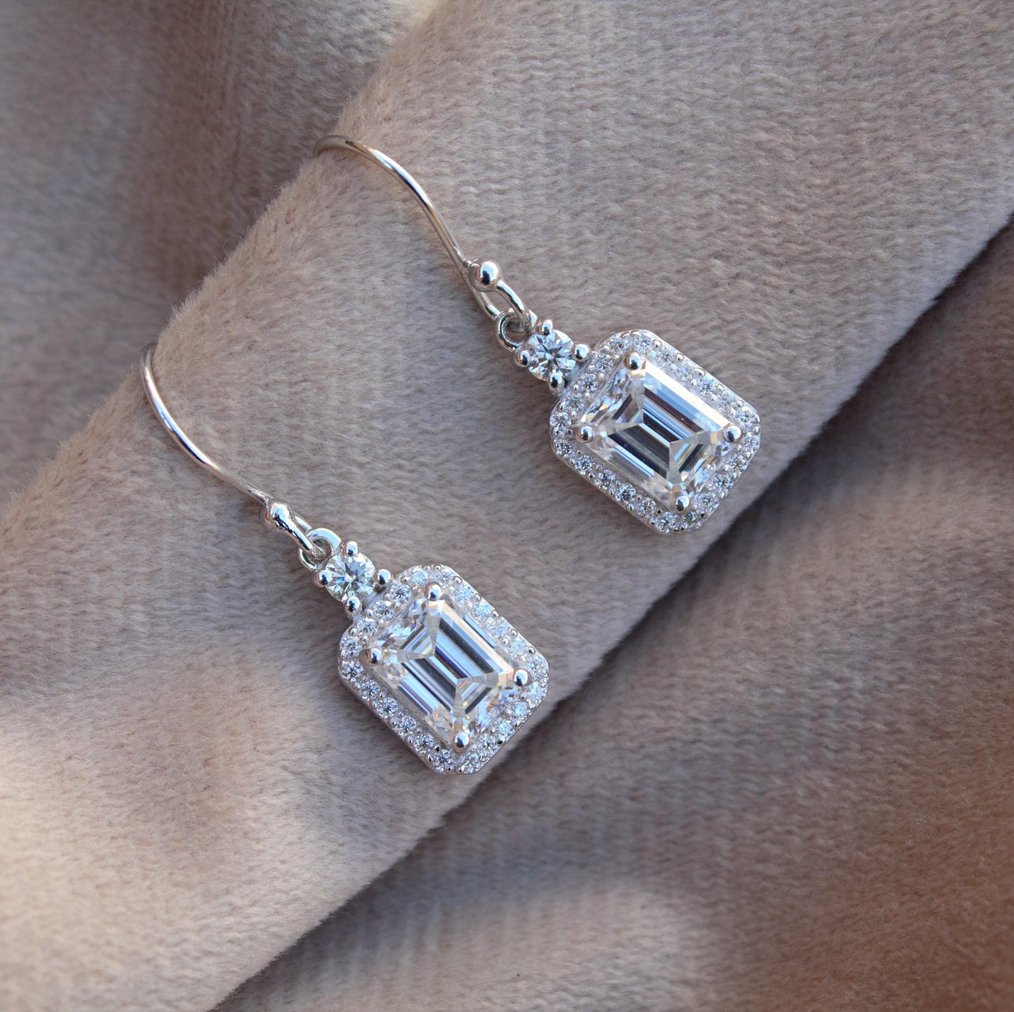 Emerald Cut Moissanite Dangle Earrings, Ear Wire Earrings for Women, 925 Sterling Silver Earrings, Minimalist Solitaire Halo Earrings