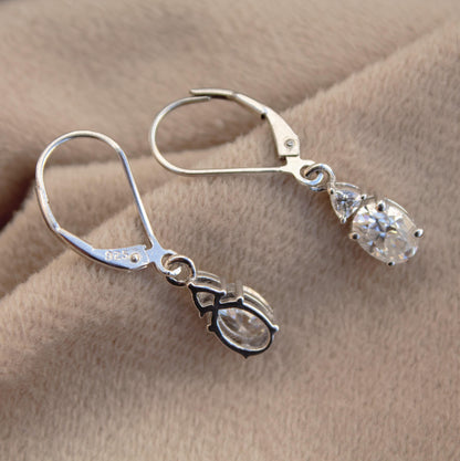 Oval and Trillion Cut Moissanite Earrings, 925 Sterling Silver Lever Back Earrings, Vintage Style Minimalist Earrings, White Stone Earrings
