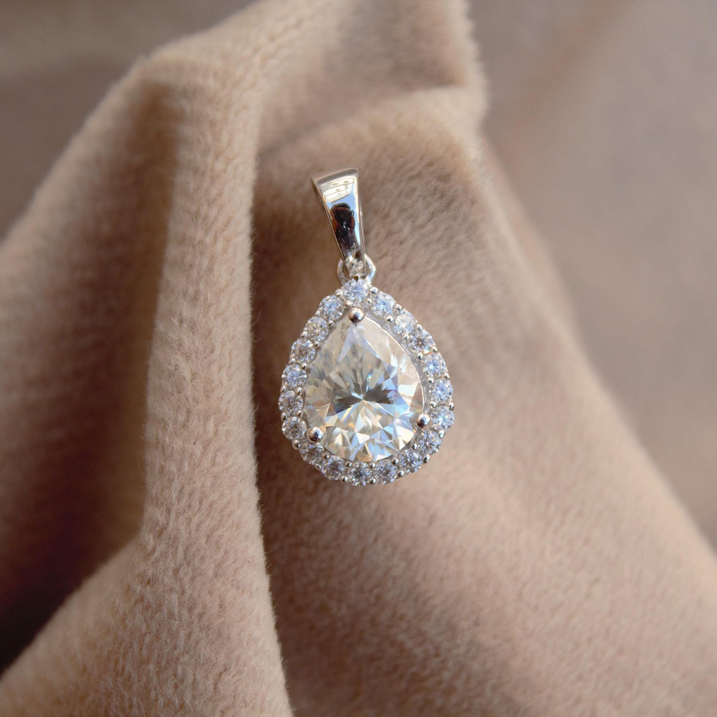 Teardrop Solitaire Halo Pendant in 925 Sterling Silver, Moissanite Silver Charm Pendant, Pear Shape Pendant, Minimalist Pendant for Women
