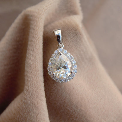Teardrop Solitaire Halo Pendant in 925 Sterling Silver, Moissanite Silver Charm Pendant, Pear Shape Pendant, Minimalist Pendant for Women