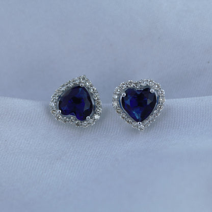 Heart Shape Blue Sapphire with Natural Diamond Jewelry Set, Solitaire Halo Pendant with Stud Earrings, 18k White Gold Jewelry Set for Girls