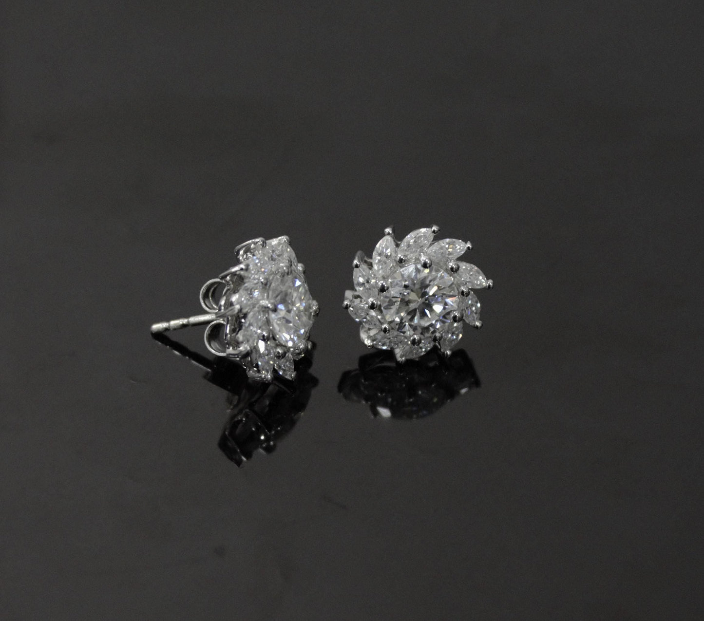 Moissanite Stud Earrings in 925 Sterling Silver, Marquise and Round Cut Stone Earrings, Floral Shape Earrings for Bride, White Stone Studs