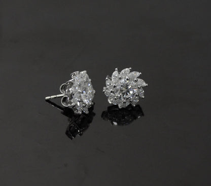 Moissanite Stud Earrings in 925 Sterling Silver, Marquise and Round Cut Stone Earrings, Floral Shape Earrings for Bride, White Stone Studs