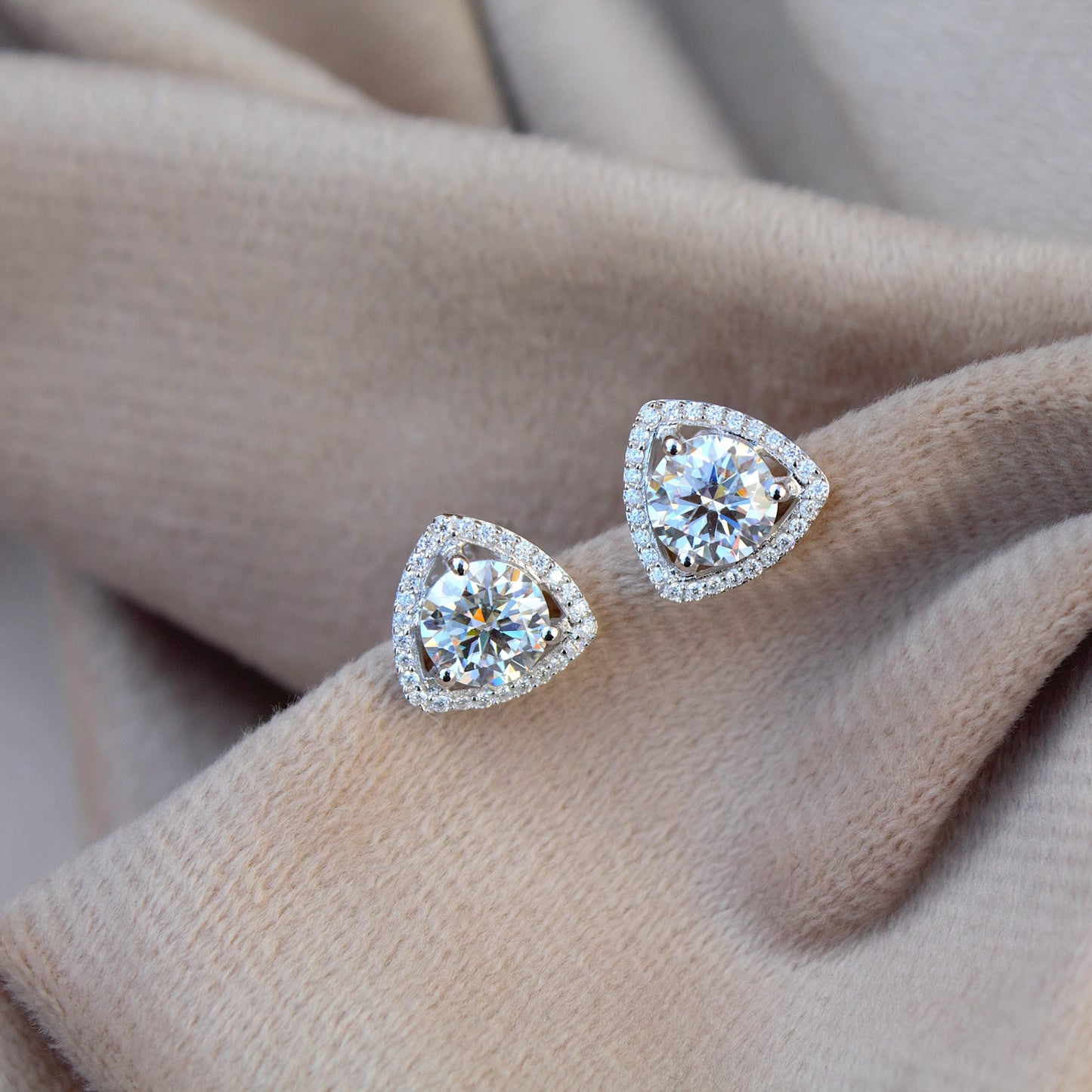 Silver Stud Moissanite Earrings for Her, Solitaire Halo Stud Earrings, Trillion Shape Earrings, Round Cut Earrings, 925 Sterling Silver Stud