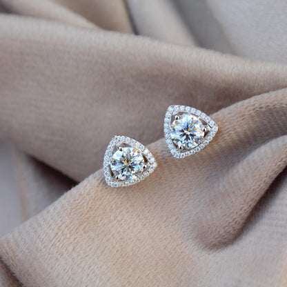 Silver Stud Moissanite Earrings for Her, Solitaire Halo Stud Earrings, Trillion Shape Earrings, Round Cut Earrings, 925 Sterling Silver Stud