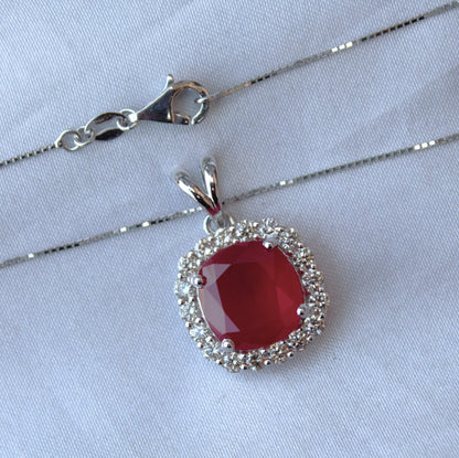 Cushion Ruby with Natural Diamond Jewelry Set, Solitaire Halo Pendant with Stud Earrings, 18k White Gold Jewelry, Engagement Gift for Bride