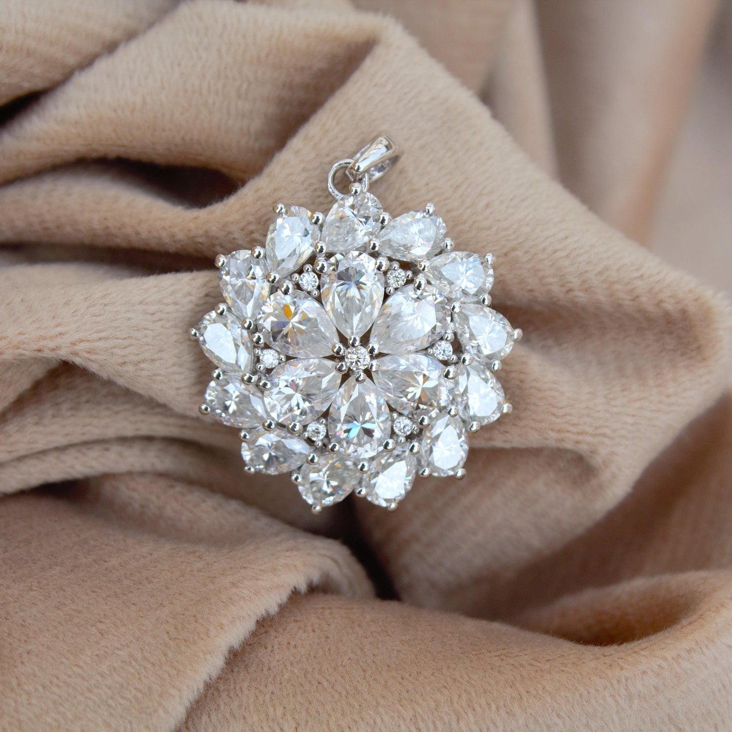 White Moissanite 925 Sterling Silver Pendant, Statement Silver Jewelry for Women, Floral Design Pendant, Pear Shape Pendant, Wedding Jewelry