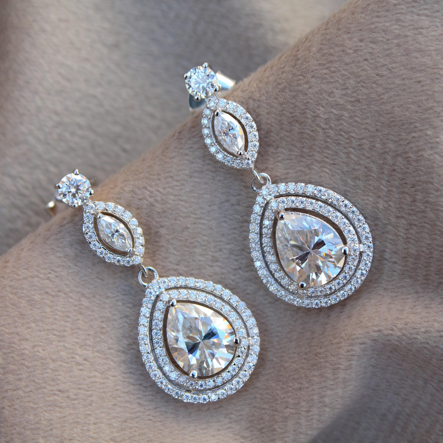 Round And Pear Dangle Earrings, Beautiful Moissanite Sterling Silver Earrings With 925 Stamped, Perfect Anniversary Gift For Wife