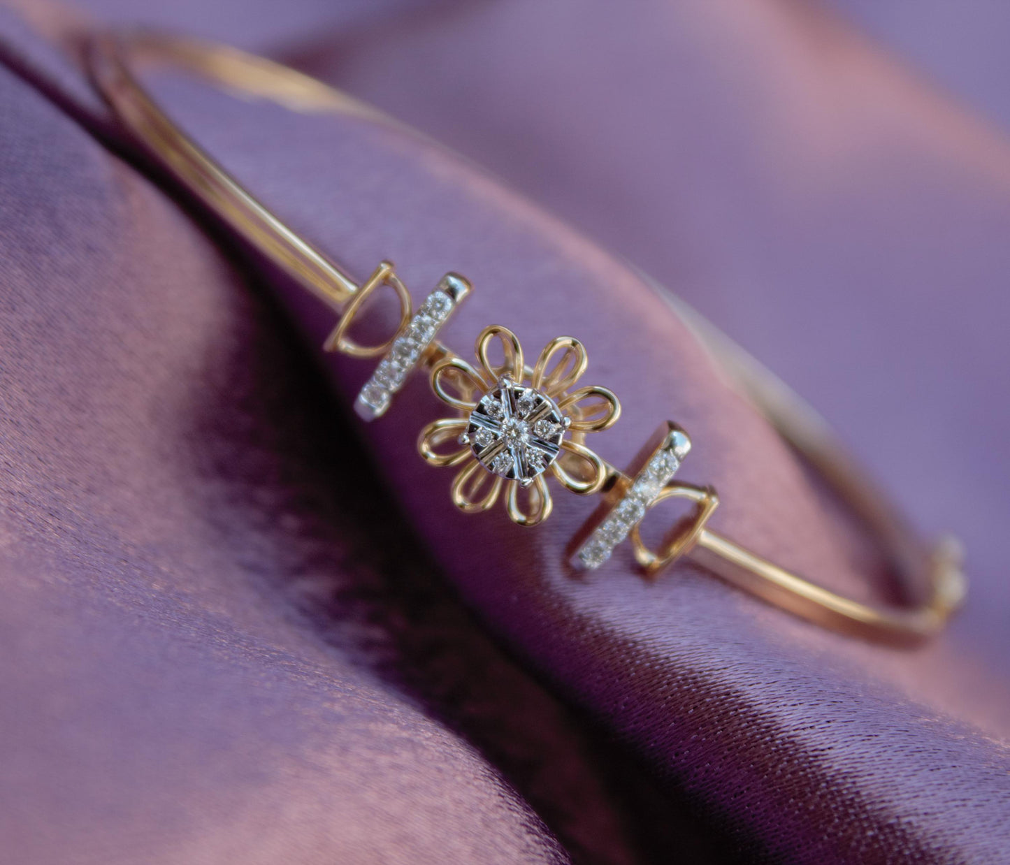 14K Solid Gold Bracelet, Flower Design Natural Diamond Bangle Bracelet,  IG Certified Cuff Bangle Bracelet Gift For Her, Stackable Bracelet