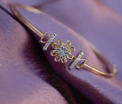 14K Solid Gold Bracelet, Flower Design Natural Diamond Bangle Bracelet,  IG Certified Cuff Bangle Bracelet Gift For Her, Stackable Bracelet