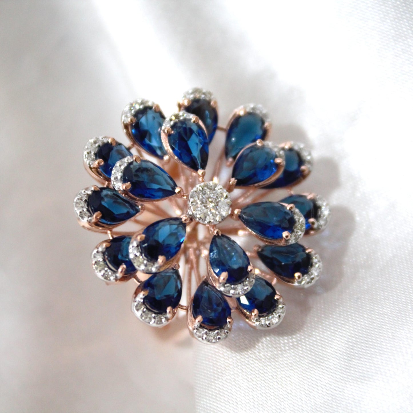 Blue Sapphire & Diamond Flower Ring, Handmade Solid Gold Solitaire Jewelry, Victorian Style Elegant Designer Floral Jewelry for Engagement