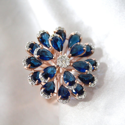 Blue Sapphire & Diamond Flower Ring, Handmade Solid Gold Solitaire Jewelry, Victorian Style Elegant Designer Floral Jewelry for Engagement