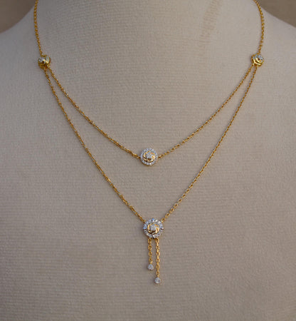 14k Solid Yellow Gold Double Layered Necklace, IGI Certified Gold Diamond Layering Necklace, 16 Inch Timeless Gold Necklace,Delicate Jewelry