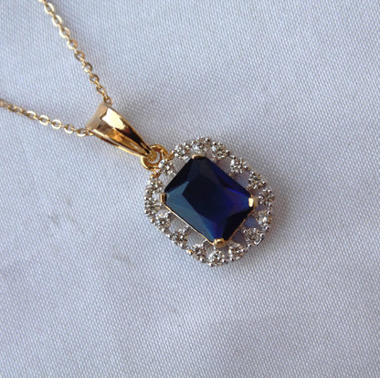 Emerald Cut Blue Sapphire with Real Diamonds Jewelry Set, Solitaire Halo Pendant with Stud Earrings, 18k Yellow Gold Jewelry Set for Bride