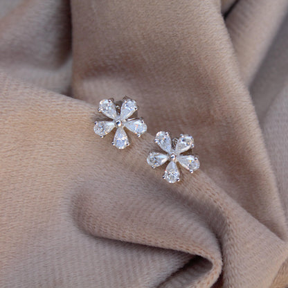 925 Sterling Silver Moissanite Tiny Floral Stud Earrings, Silver Stud Earrings for Her, Minimalist Pear Stud Earrings, Perfect Birthday Gift
