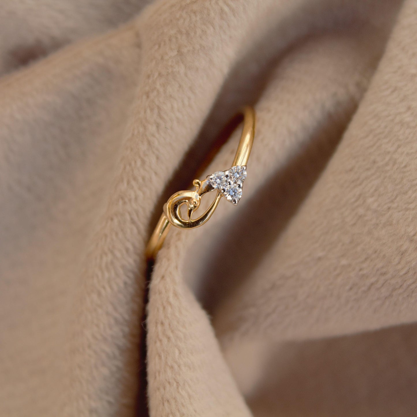 18K Solid Yellow Gold Ring, 0.06 Carat Natural Diamonds, Peacock Design Diamond Ring, Three Stone Diamond Ring, Anniversary Gift For Wife