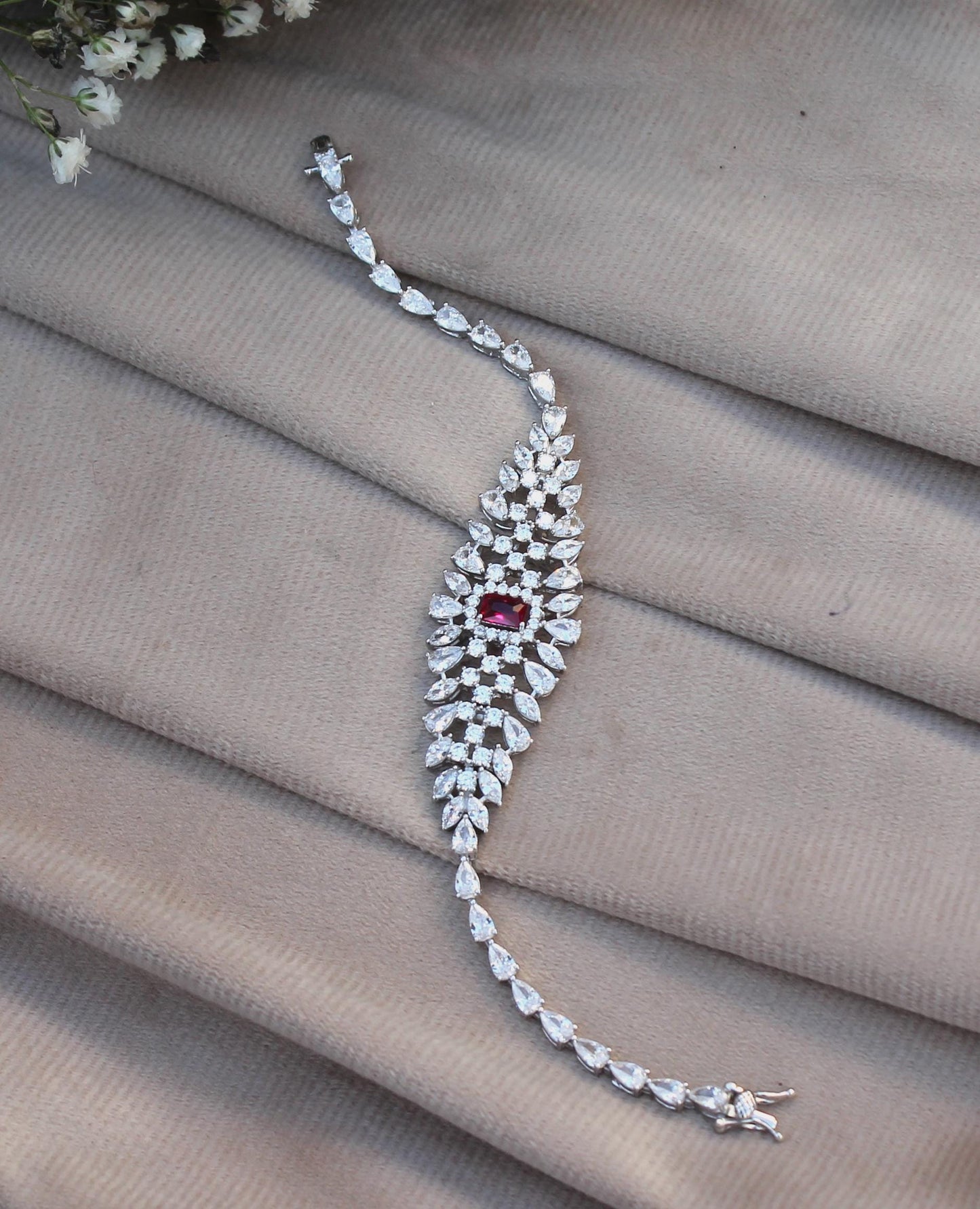 Luxurious Bridal Jewelry Set, Cubic Zirconia with Synthetic Ruby Jewelry, 925 Sterling Silver Necklace With Earrings, Ring, Bracelet Set