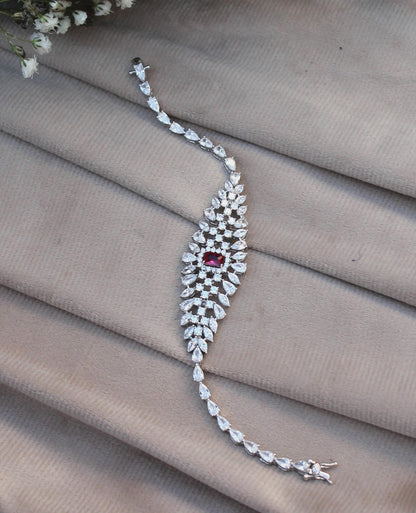 Luxurious Bridal Jewelry Set, Cubic Zirconia with Synthetic Ruby Jewelry, 925 Sterling Silver Necklace With Earrings, Ring, Bracelet Set