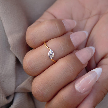 Marquise Cut Solitaire Ring, 18K Gold 1 Gram Moissanite Ring, Tiny Gold Moissanite Ring, Ideal Gift for Her, Bezel Setting Single Stone Ring