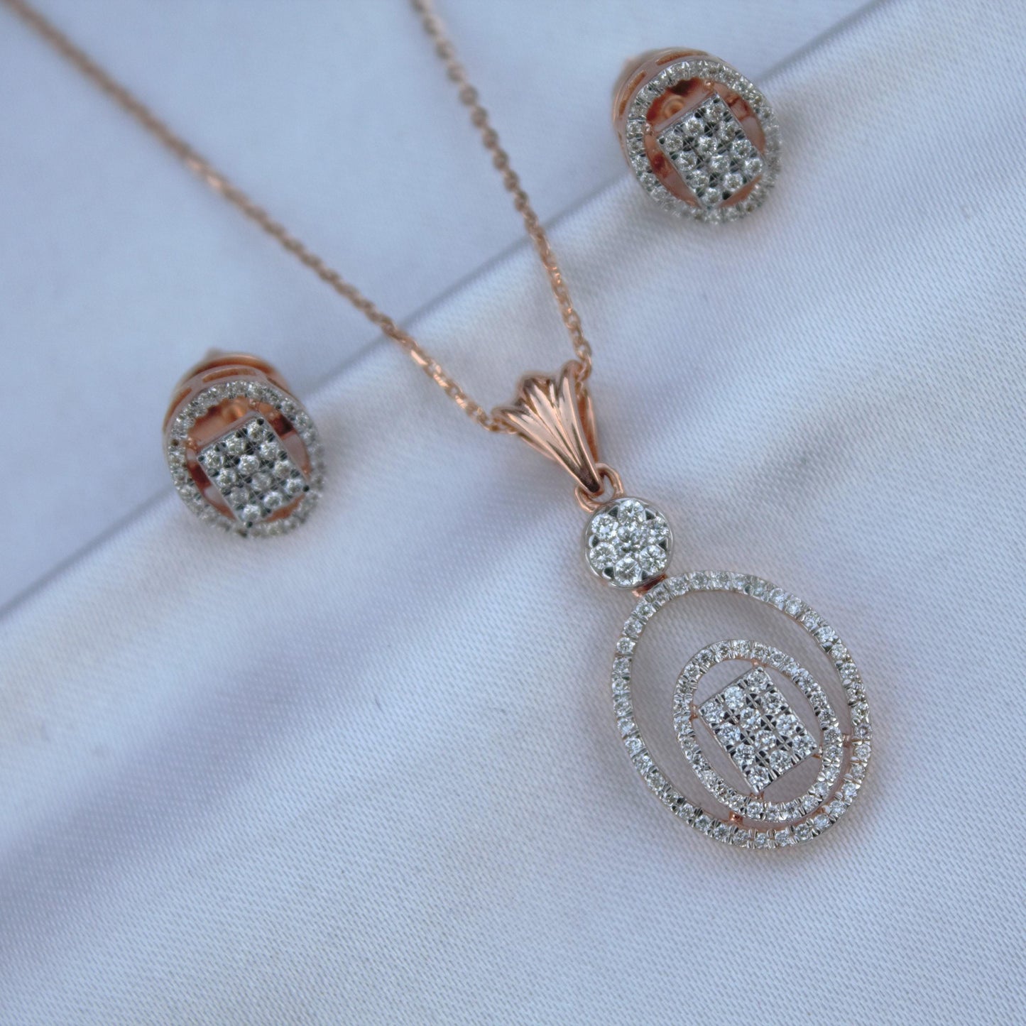 Real Diamonds Rose Gold Bridal Jewelry Set, Solid 18k Gold Pendant Necklace with Stud Earrings, Dainty Handmade Jewelry, Engagement Gift