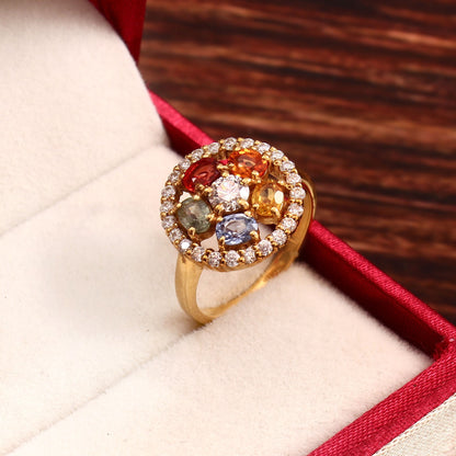 Natural Rainbow Sapphire Ring With Moissanite- Engagement Gold Ring, Flower Ring, Colorful Sapphires Ring, Multi Sapphire Designer Jewelry