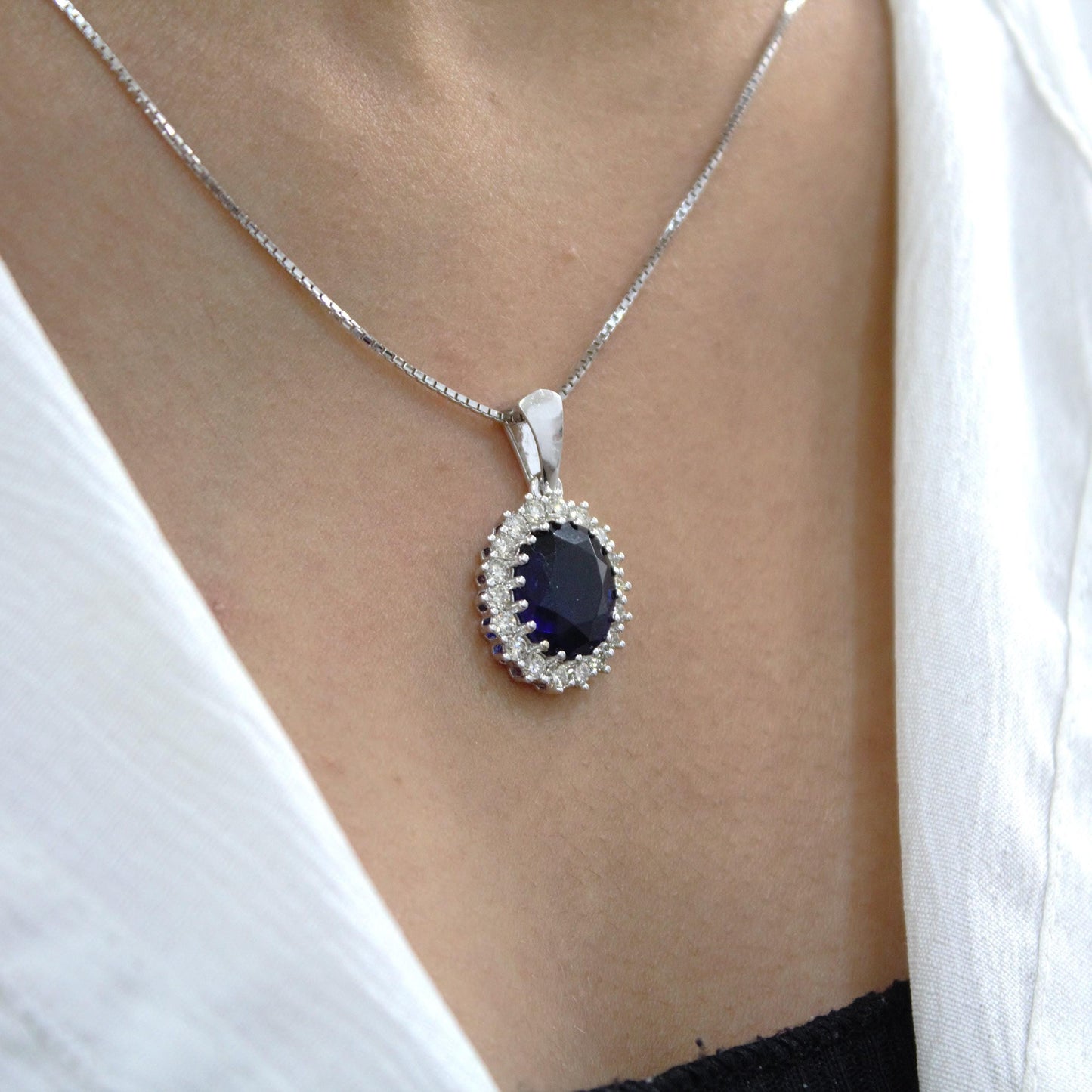 Oval Blue Sapphire with Natural Diamond Jewelry Set, Solitaire Halo Pendant with Stud Earrings, 18k White Gold Jewelry Set Gift for Women