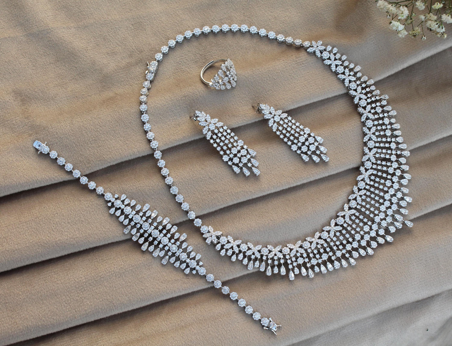 Statement Silver Necklace Set, Cubic Zirconia Choker Necklace With Earrings-Ring- Bracelet- Luxury Silver CZ Jewelry Set For Valentines Day