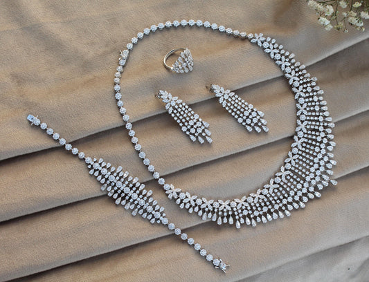 Statement Silver Necklace Set, Cubic Zirconia Choker Necklace With Earrings-Ring- Bracelet- Luxury Silver CZ Jewelry Set For Valentines Day