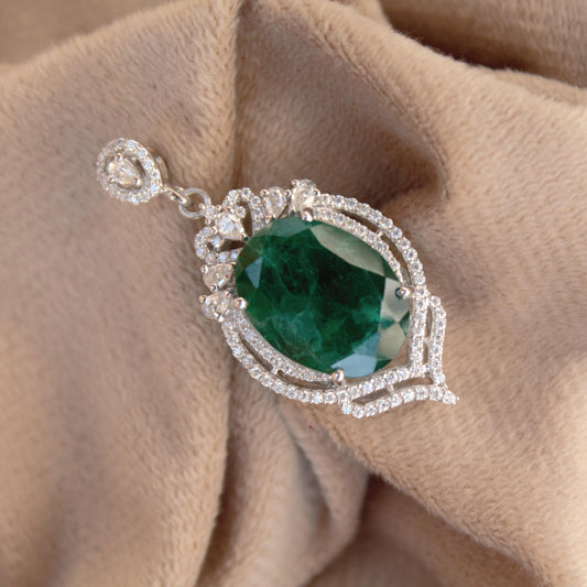 Oval & Round Silver Pendant, Delicate Sterling Silver Pendant, Emerald Inclusion With Moissanite Silver Pendant, Birthday Gift for Daughter