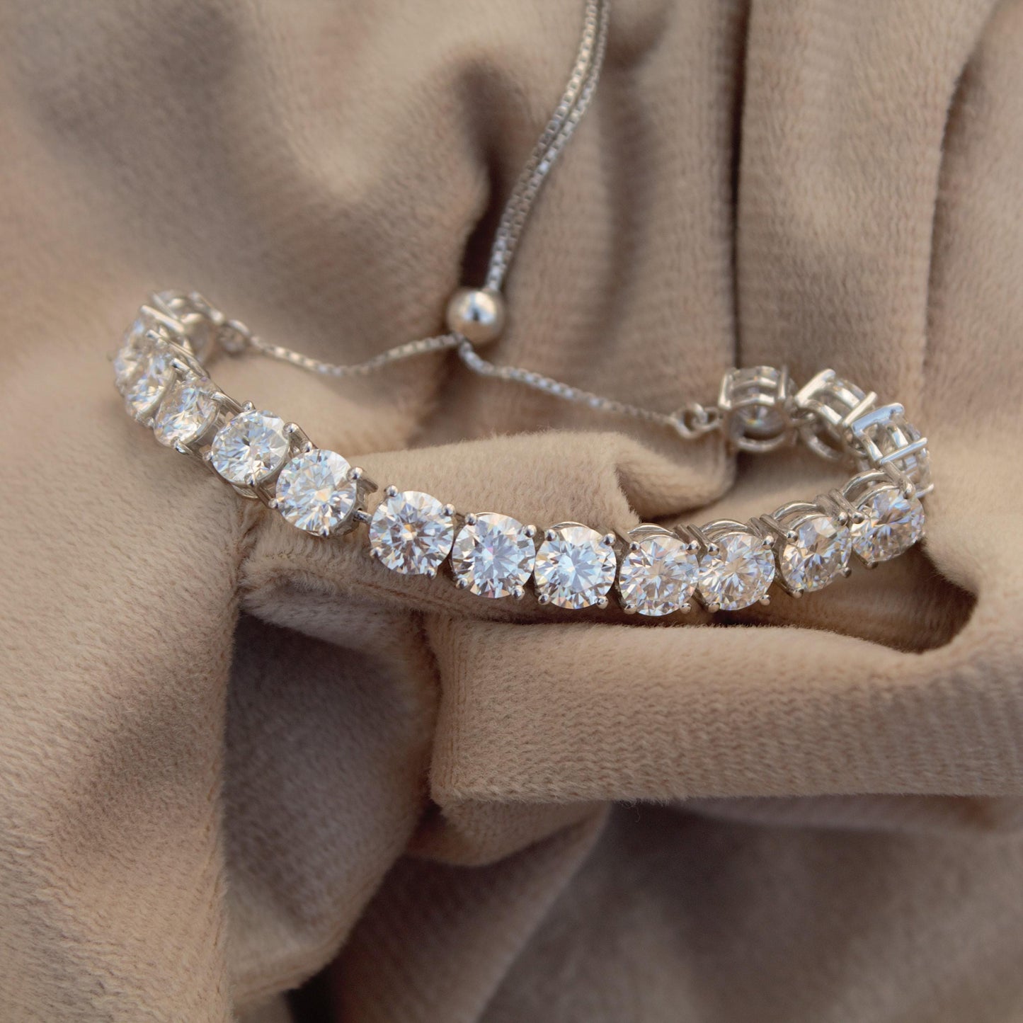 Round Cut Moissanite Silver Chain Bracelet, 925 Sterling Silver Adjustable Bracelet for Her, Statement Bracelet, Wedding Gift for Women