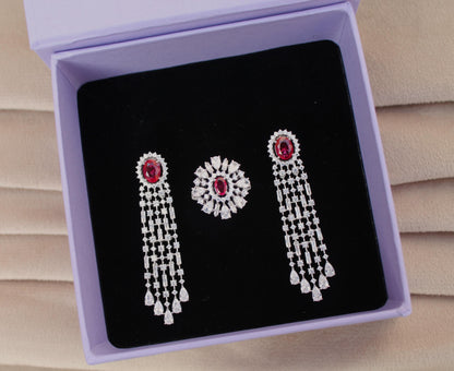 Cubic Zirconia Silver Wedding Jewelry Set, CZ with Synthetic Ruby Necklace Set, 925 Sterling Silver Victorian Necklace-Earring-Ring-Bracelet