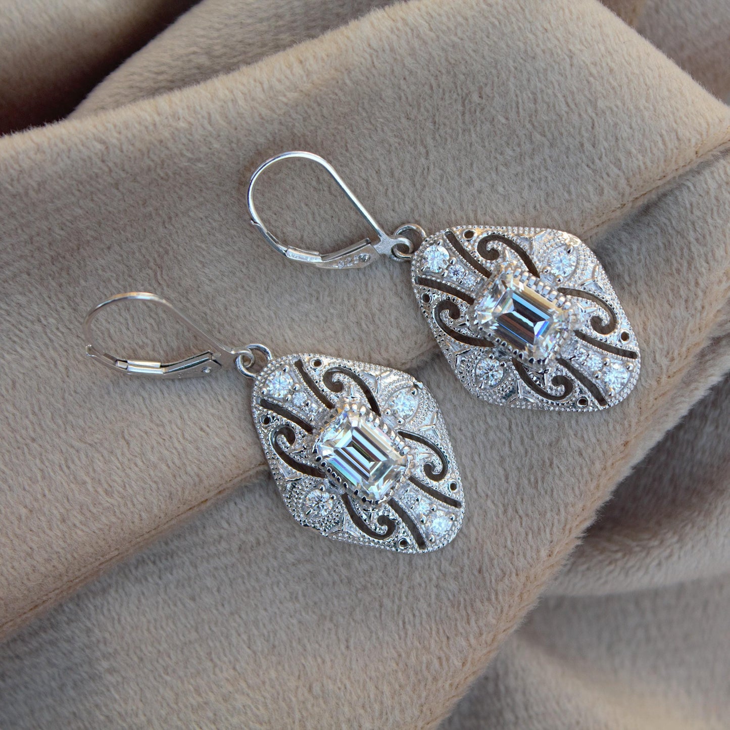 Vintage Style Moissanite Dangle Earrings, 925 Sterling Silver Art Deco Earrings, Antique Filigree Design Earrings, Emerald Cut Earrings