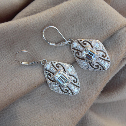 Vintage Style Moissanite Dangle Earrings, 925 Sterling Silver Art Deco Earrings, Antique Filigree Design Earrings, Emerald Cut Earrings
