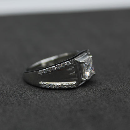 Princess Cut With Side Round Moissanite Ring, Men's Wedding Ring, Unique Silver Ring, Moissanite Jewelry for Him, 925 Sterling Silver Ring