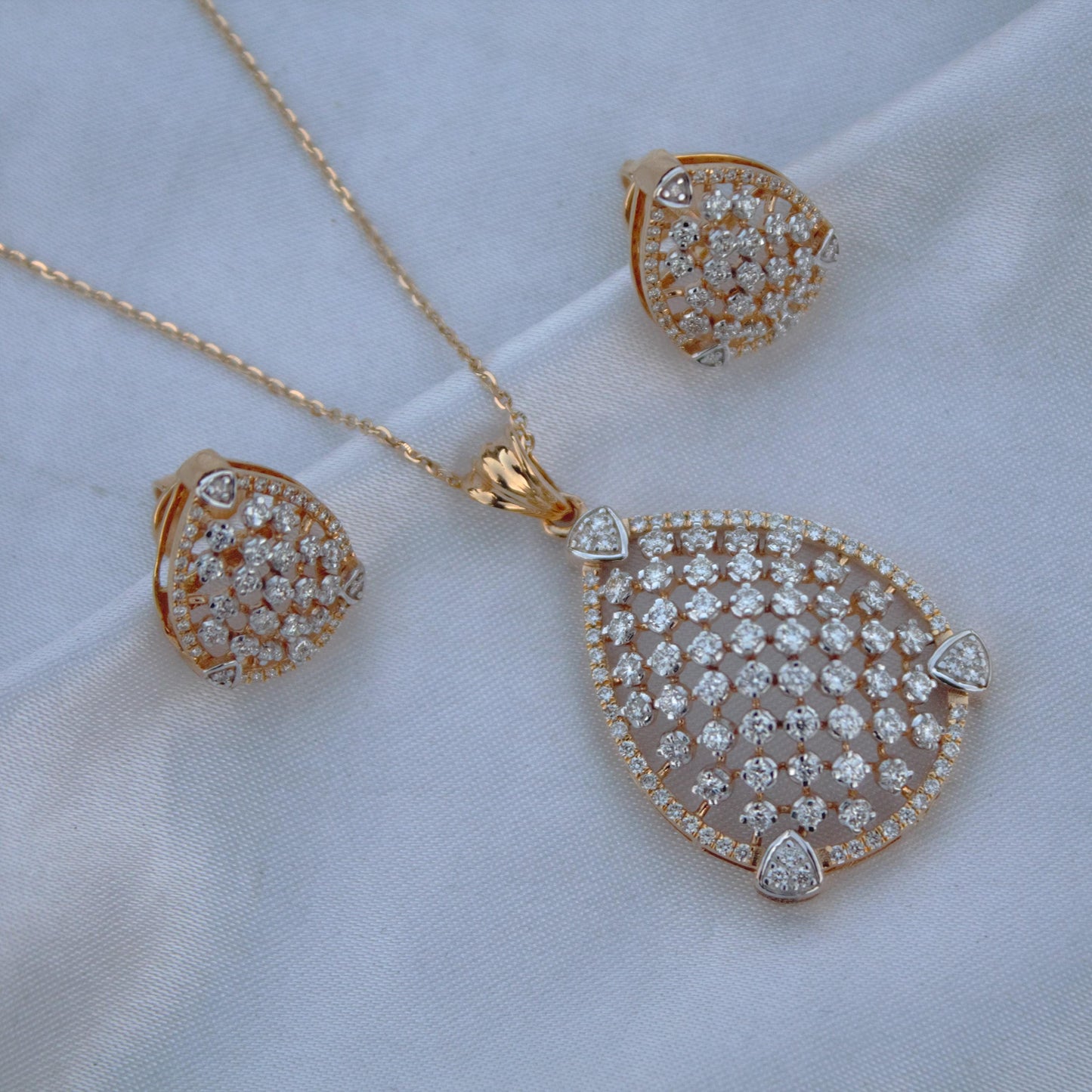 Classic Statement Solid Gold Jewelry Set, Pear Shape Pendant with Earrings, Natural Diamond Necklace Earrings Set, 18K Gold Jewelry for Mom