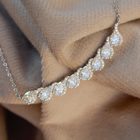 Colorless Moissanite Pear Necklace, 925 Sterling Silver Chain Necklace, Lightweight Travel Jewelry, Minimalist Silver White Stone Necklace
