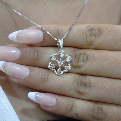 Floral Shape Solitaire Diamond Necklace Earrings Set,18k White Gold Real Diamond Jewelry Set, Chain Pendant with Stud Earrings, Gift for Her