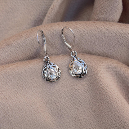 White Moissanite Lever Back Earrings – 925 Sterling Silver Filigree Jewelry, Minimalist Art Deco Earrings, Teardrop 925 Silver Jewelry, Gift