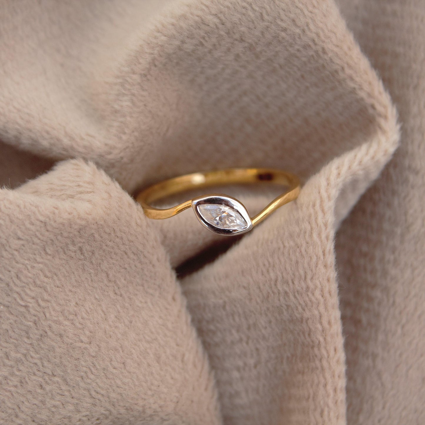 Marquise Cut Solitaire Ring, 18K Gold 1 Gram Moissanite Ring, Tiny Gold Moissanite Ring, Ideal Gift for Her, Bezel Setting Single Stone Ring