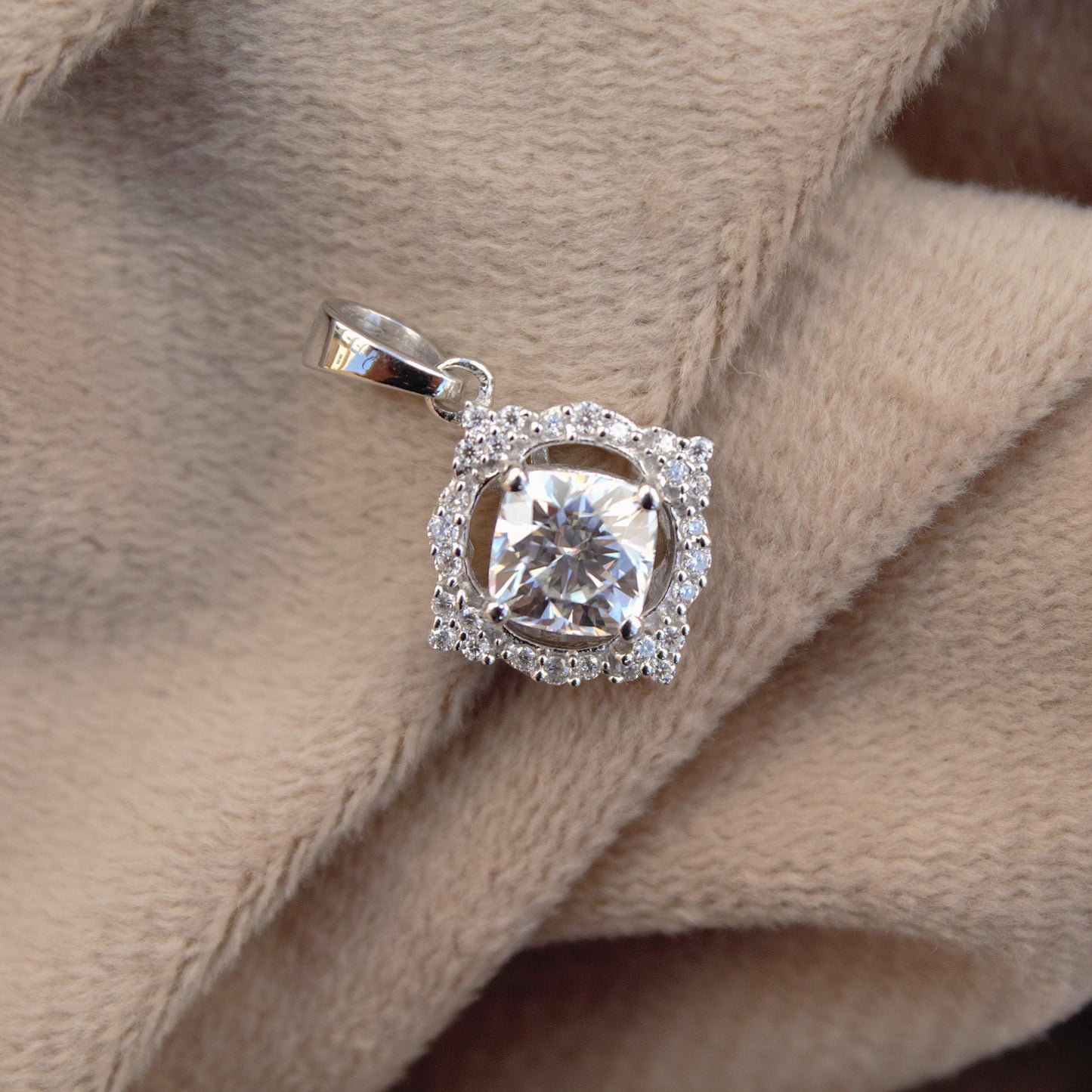 Sterling Silver Cluster Moissanite Pendant, 925 Silver Cushion Shape Pendant, Solitaire Halo Pendant , Silver Loop Pendant for Chain, Gift