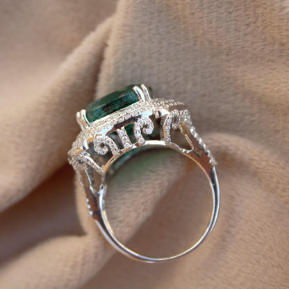 Green Inclusion Emerald with Moissanite Ring, 925 Sterling Silver Vintage Prong Set Ring, Victorian Style Ring, Halo Ring, Perfect for Gift