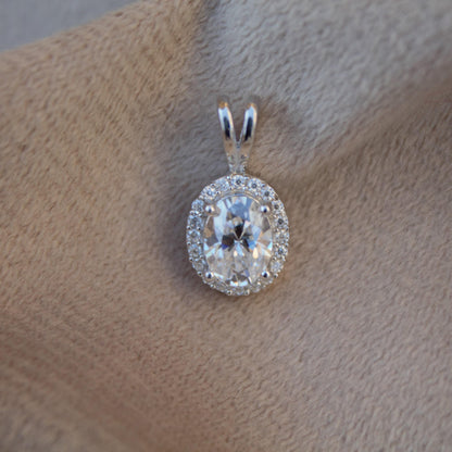 Oval Moissanite 925 Sterling Silver Halo Pendant, Minimalist Jewelry, Silver Dainty Pendant, Four Prong Pendant, Perfect Gift for Bridesmaid