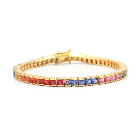 Rainbow Sapphire Bracelet, Princess Cut Sapphire Jewelry, Multi Color Bezel Setting Bracelet, Dainty Gold Bracelet, Anniversary Gift for Her