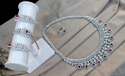 Luxurious Bridal Jewelry Set, Cubic Zirconia with Synthetic Ruby Jewelry, 925 Sterling Silver Necklace With Earrings, Ring, Bracelet Set