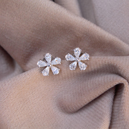 925 Sterling Silver Moissanite Tiny Floral Stud Earrings, Silver Stud Earrings for Her, Minimalist Pear Stud Earrings, Perfect Birthday Gift