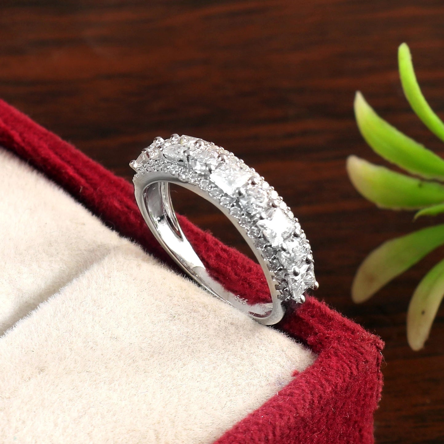 Round Cut Moissanite Half Eternity Ring, Minimalist Proposal Ring, 14K-18K Solid Gold Ring, Solitaire Gold Ring, Dainty Ring For Engagement