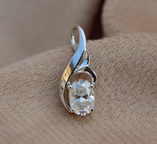 925 Sterling Silver Moissanite Oval Cut Pendant, Minimalist Charm Pendant, White Moissanite Jewelry, Silver Pendant for Chain, Gift for Her