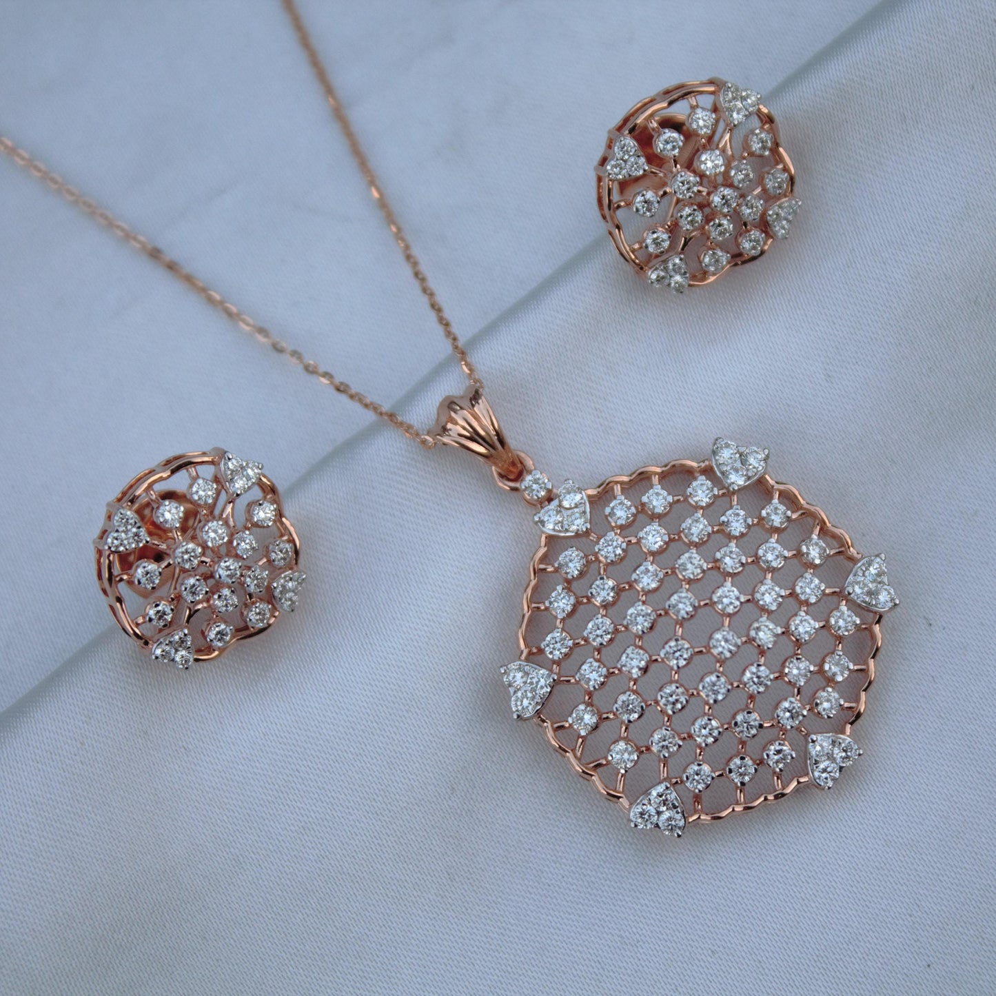 GH Color VS-SI Clarity Natural Diamonds, Beautiful Natural Diamond Necklace Earring Set, 18k Rose Gold Jewelry Set With igi Certificate